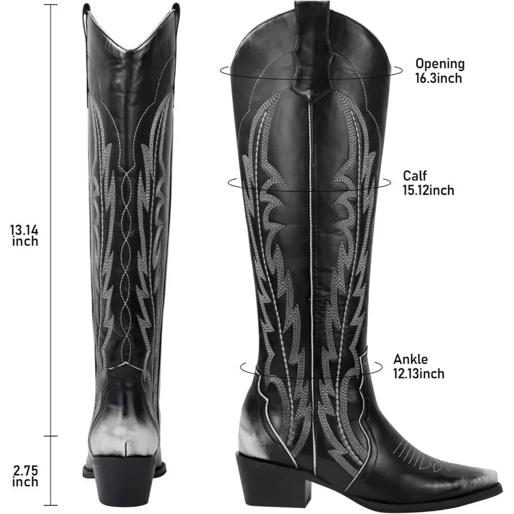 Women Silver Faux Leather Knee High Cowgirl Boots with Pointed Toe Block Heel